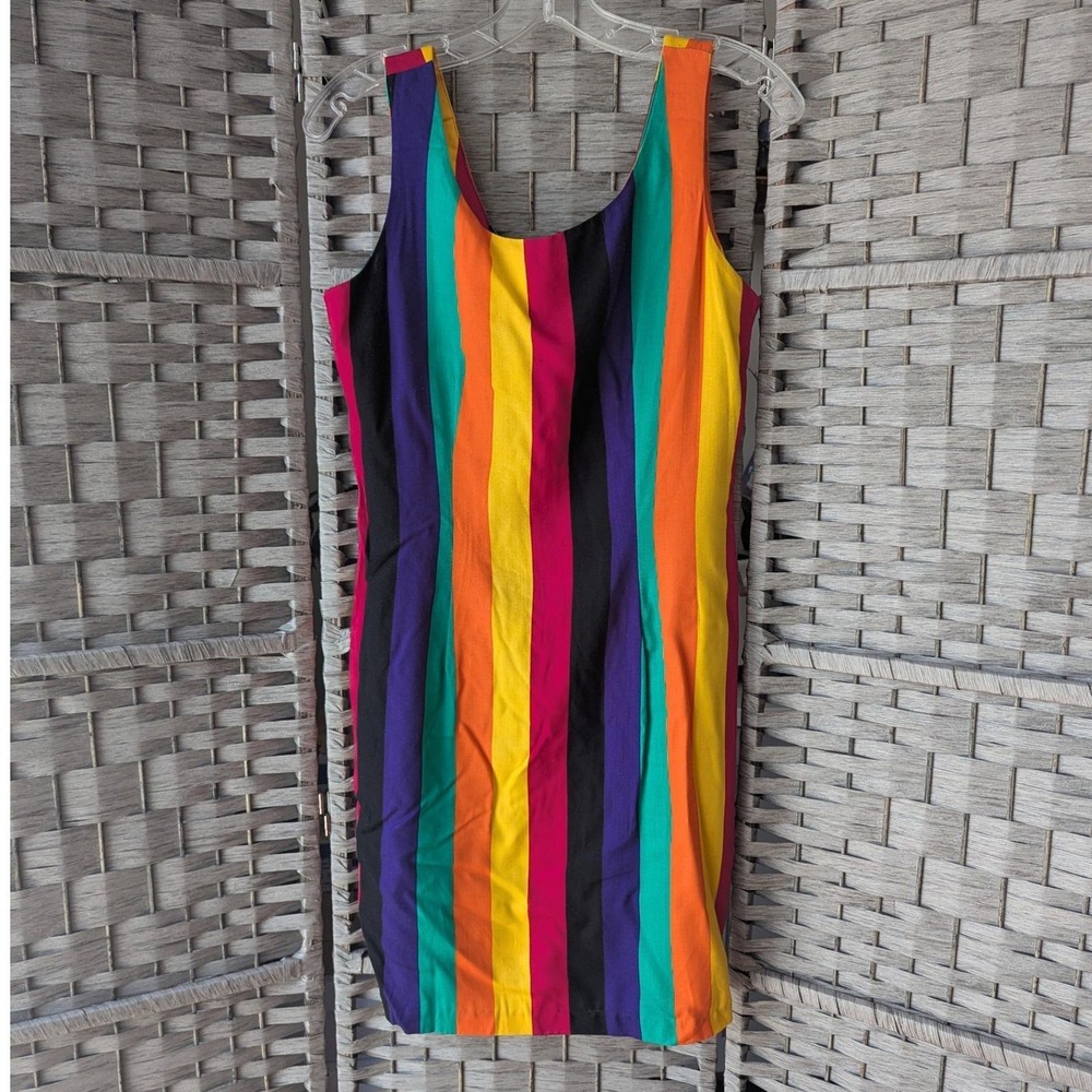 Vtg Shift Dress Multicolor Rainbow Stripe Sleeveless Sz 7 Rayon Bright Bold